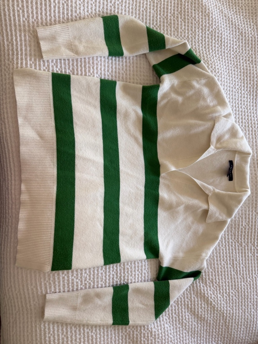 Tahari White and Green Striped Collared Rugby Sweater - Picture 2 of 5